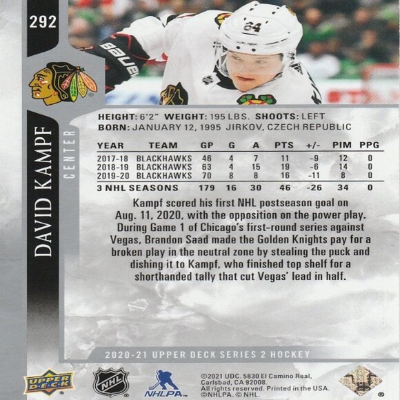 David Kampf - 2020/2021 Upper Deck Series 2 Hockey Card - Picture 2 of 2